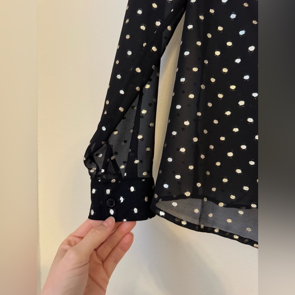 Forever 21 Black Sheer Metallic Silver Polka Dot Button Down Blouse- Medium - Picture 5 of 8